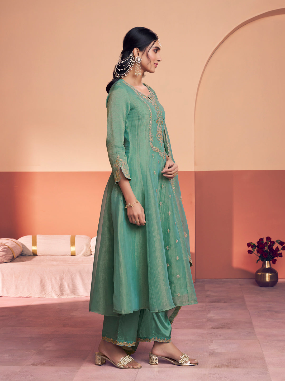 Tarquoise Green Embroidery A-Line Kurta With Dyed Trousers And Embroidery Dupatta