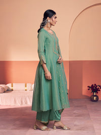 Turquoise Green Embroidered A-Line Kurta Set with Dyed Trousers and Embroidery Dupatta