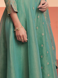 Turquoise Green Embroidered A-Line Kurta Set with Dyed Trousers and Embroidery Dupatta