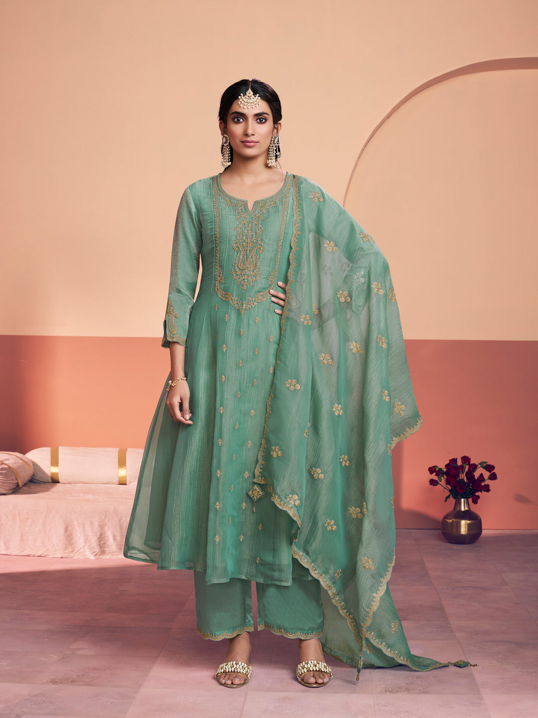 Tarquoise Green Embroidery A-Line Kurta With Dyed Trousers And Embroidery Dupatta