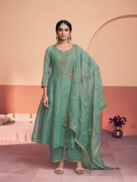Turquoise Green Embroidered A-Line Kurta Set with Dyed Trousers and Embroidery Dupatta