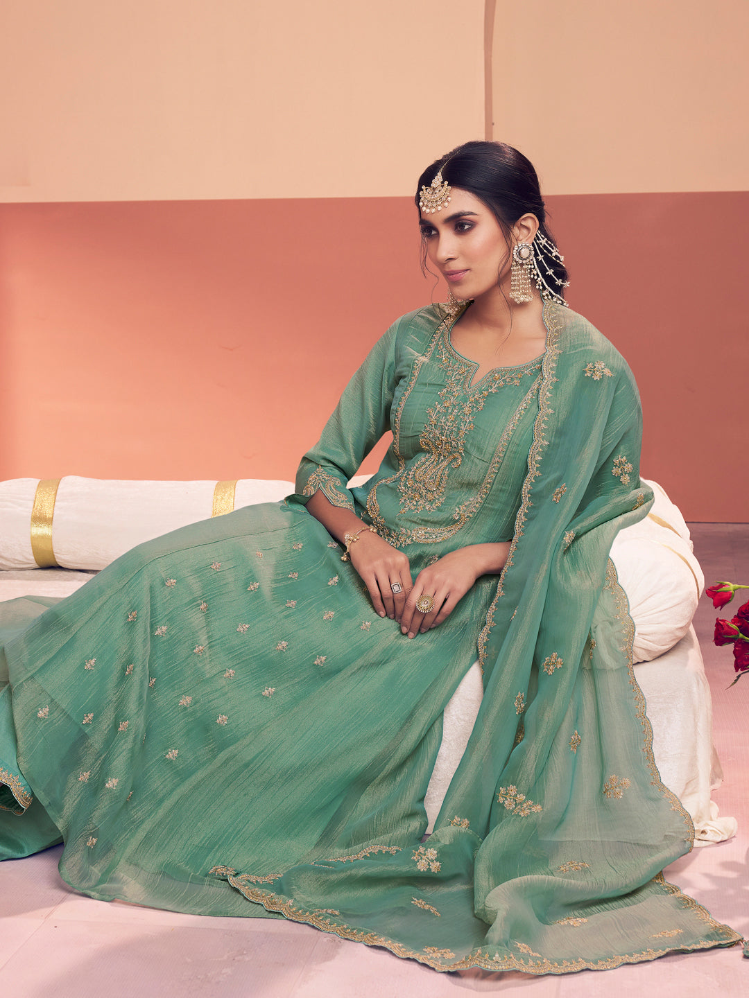 Tarquoise Green Embroidery A-Line Kurta With Dyed Trousers And Embroidery Dupatta