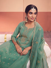 Turquoise Green Embroidered A-Line Kurta Set with Dyed Trousers and Embroidery Dupatta