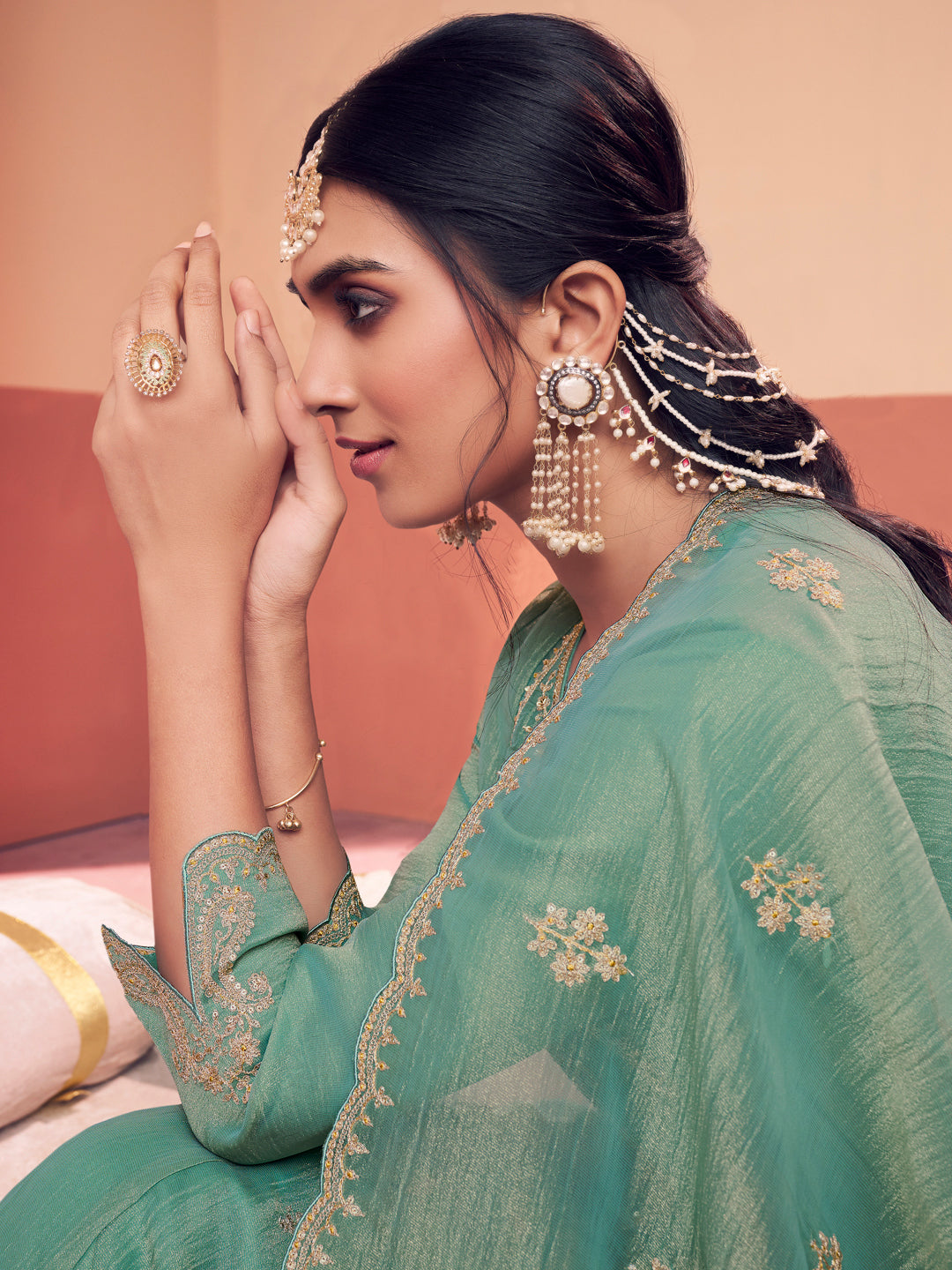 Tarquoise Green Embroidery A-Line Kurta With Dyed Trousers And Embroidery Dupatta