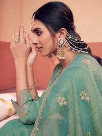 Turquoise Green Embroidered A-Line Kurta Set with Dyed Trousers and Embroidery Dupatta