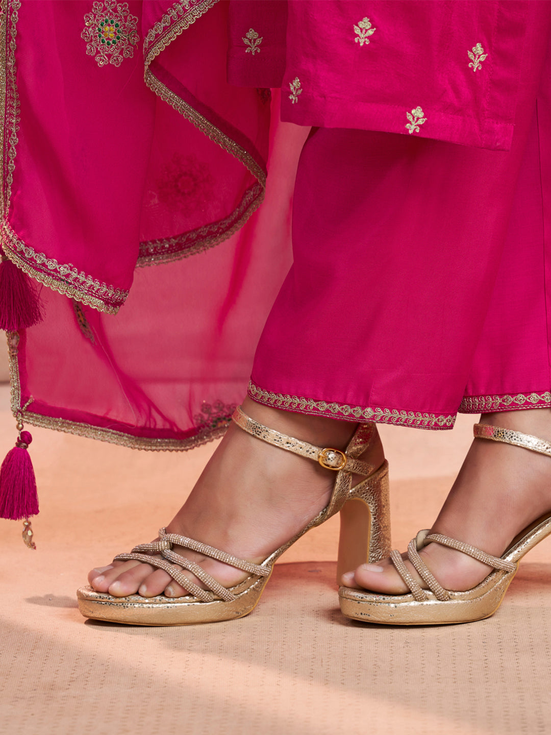 Magenta Embroidery Straight Kurta With Dyed Trousers And Embroidery Dupatta