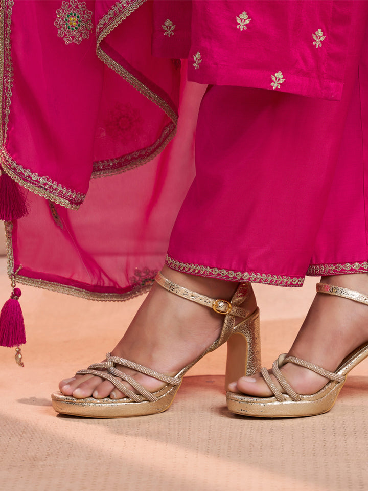 Magenta Embroidery Straight Kurta With Dyed Trousers And Embroidery Dupatta