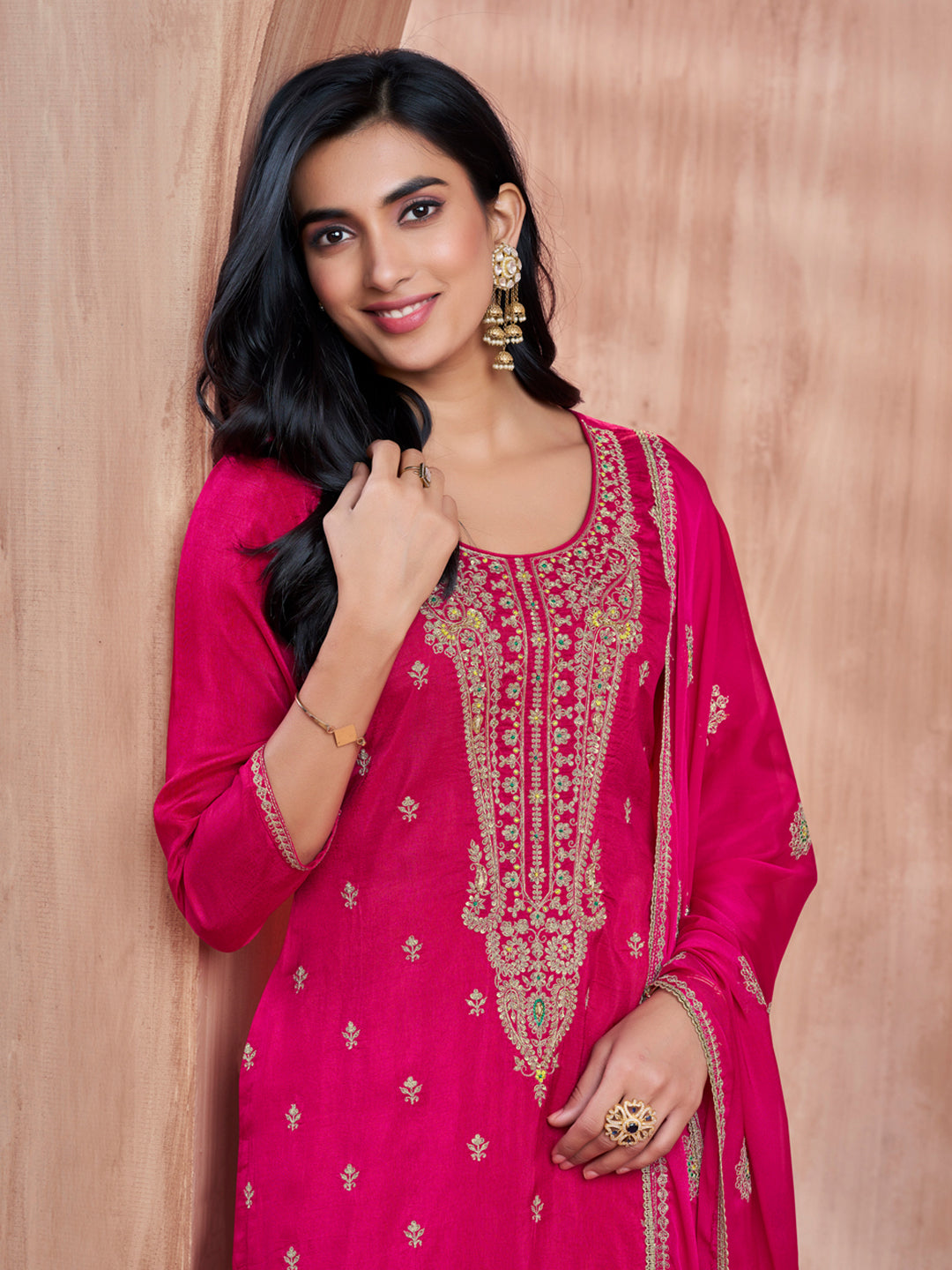 Magenta Embroidery Straight Kurta With Dyed Trousers And Embroidery Dupatta