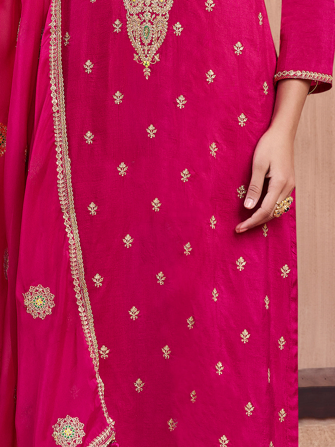 Magenta Embroidery Straight Kurta With Dyed Trousers And Embroidery Dupatta
