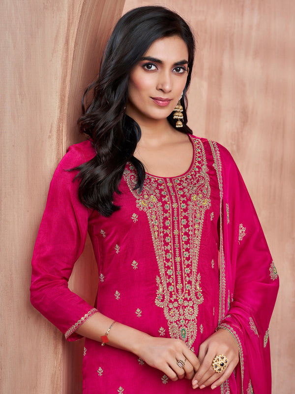 Magenta Embroidery Straight Kurta With Dyed Trousers And Embroidery Dupatta