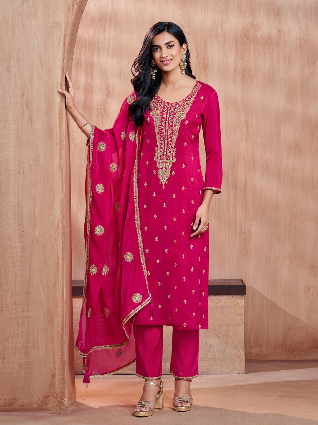 Magenta Embroidery Straight Kurta With Dyed Trousers And Embroidery Dupatta