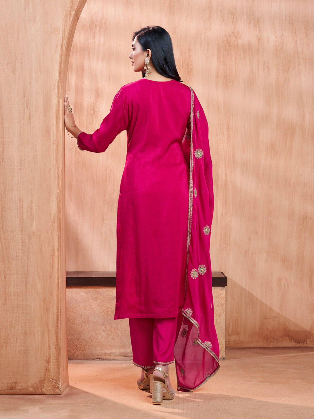 Magenta Embroidery Straight Kurta With Dyed Trousers And Embroidery Dupatta