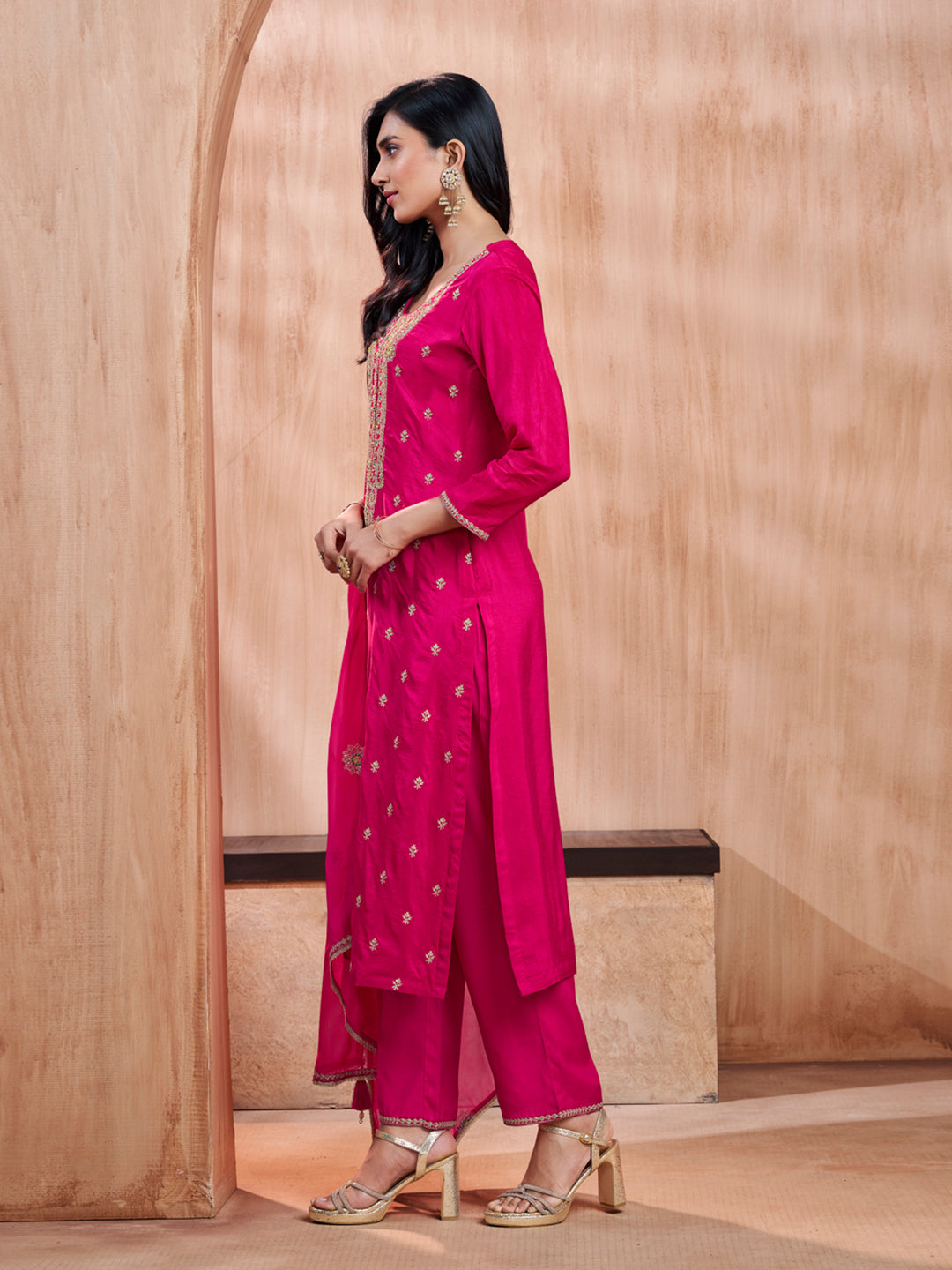 Magenta Embroidery Straight Kurta With Dyed Trousers And Embroidery Dupatta
