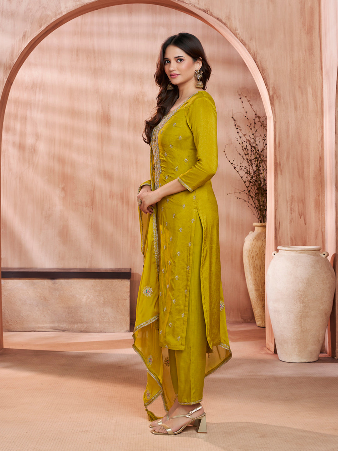 Mustard Embroidery Straight Kurta With Dyed Trousers And Embroidery Dupatta