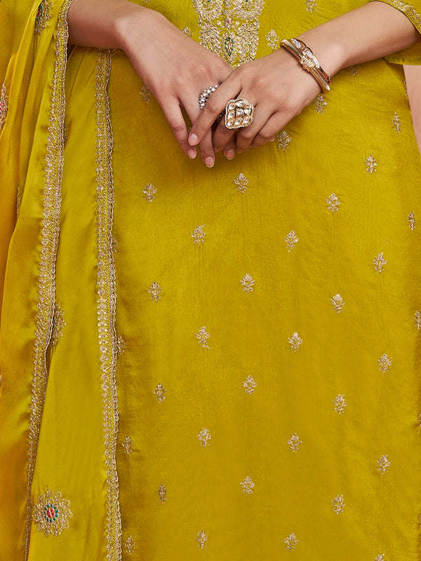 Mustard Embroidery Straight Kurta With Dyed Trousers And Embroidery Dupatta
