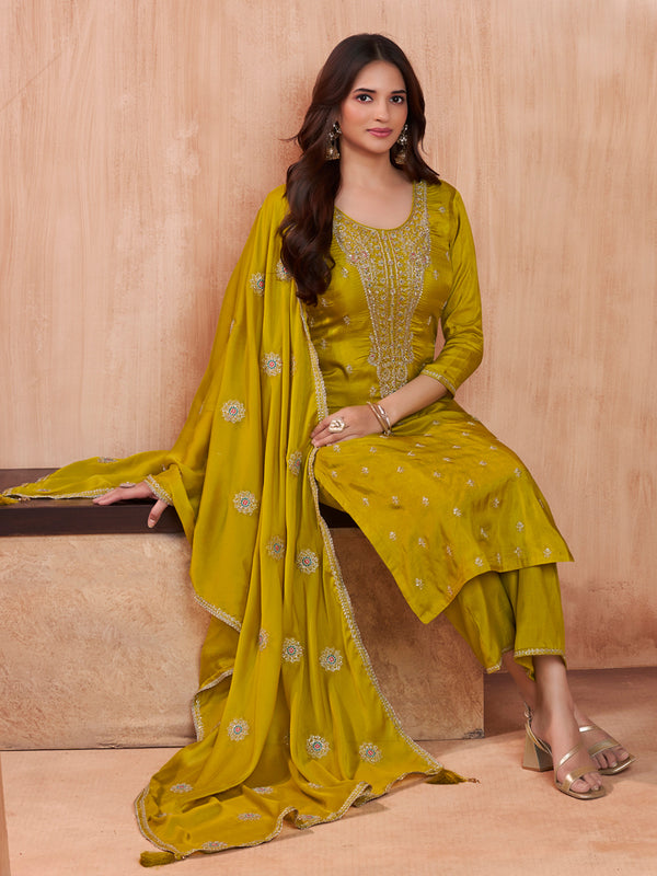 Mustard Embroidery Straight Kurta With Dyed Trousers And Embroidery Dupatta
