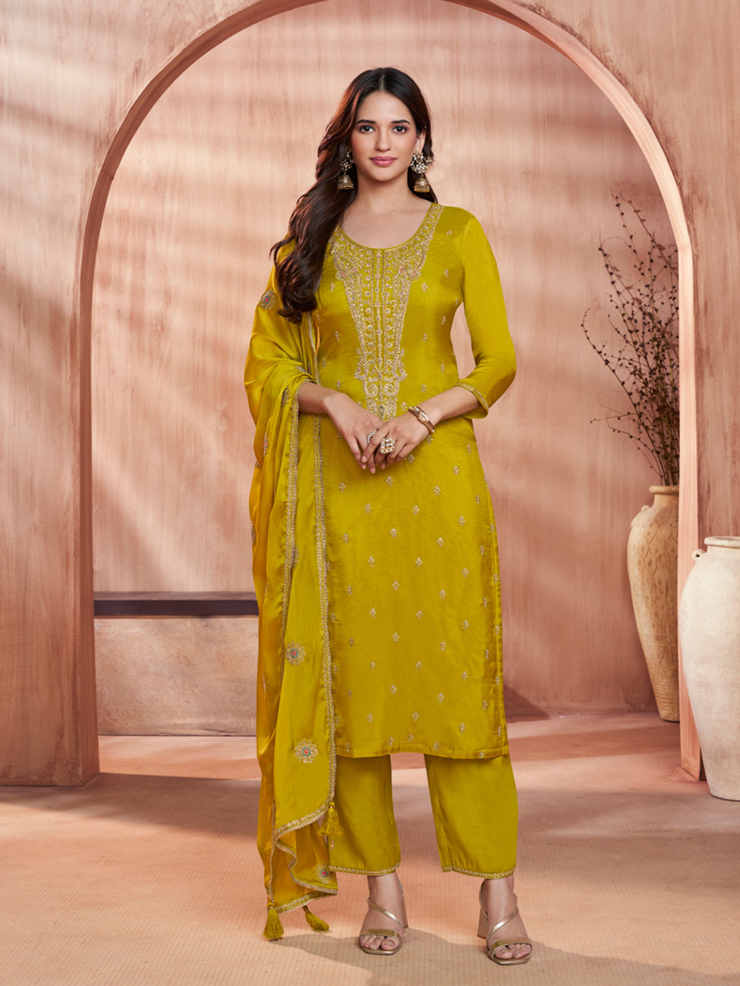 Mustard Embroidery Straight Kurta With Dyed Trousers And Embroidery Dupatta