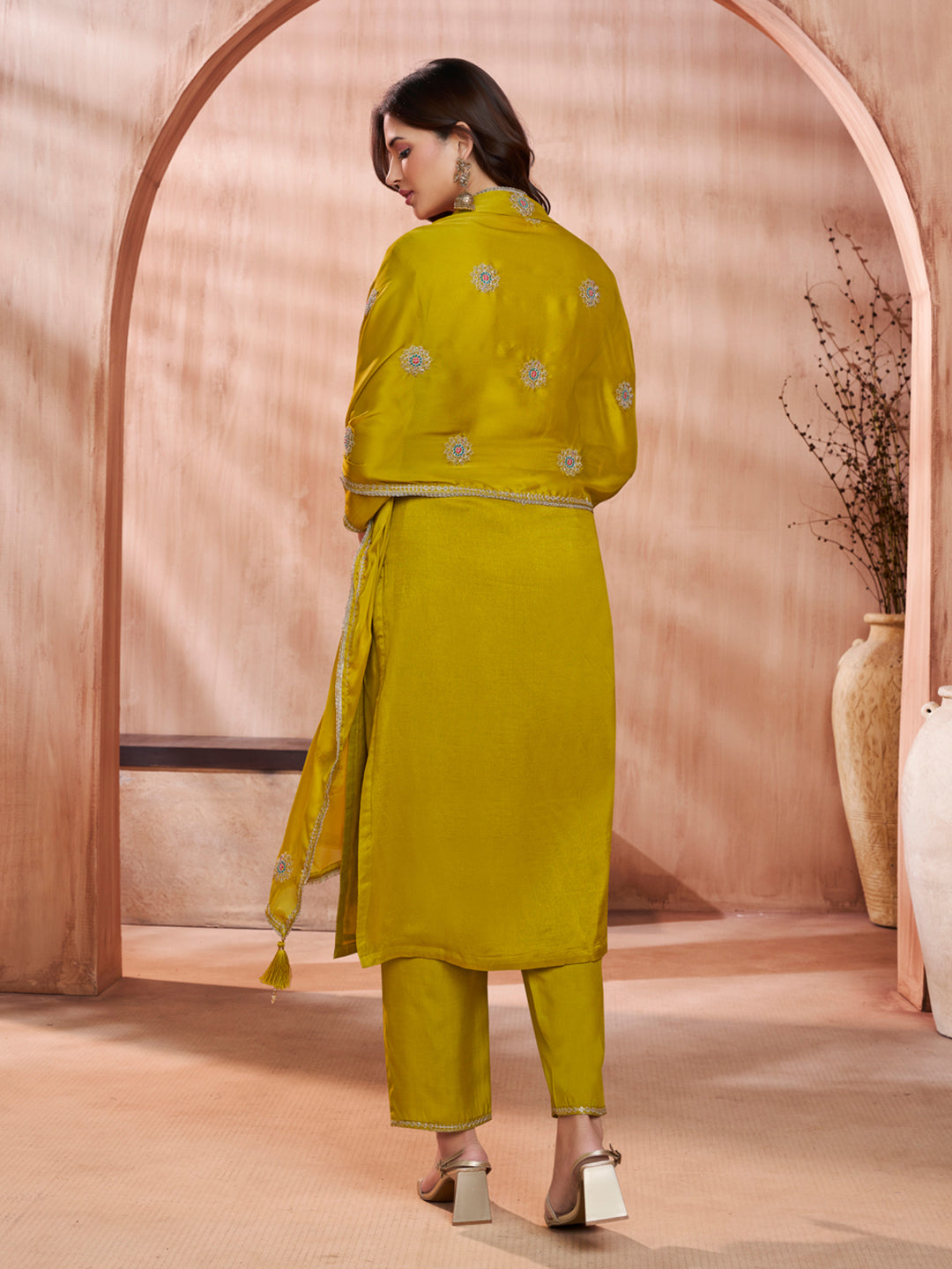 Mustard Embroidery Straight Kurta With Dyed Trousers And Embroidery Dupatta