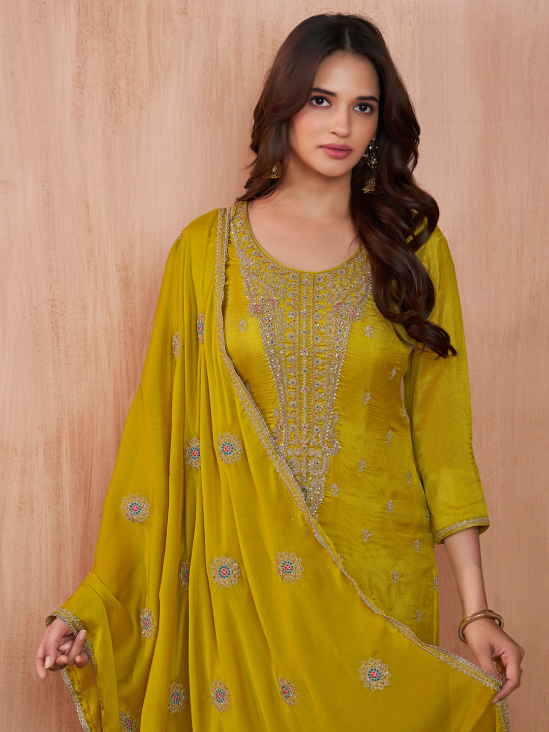 Mustard Embroidery Straight Kurta With Dyed Trousers And Embroidery Dupatta