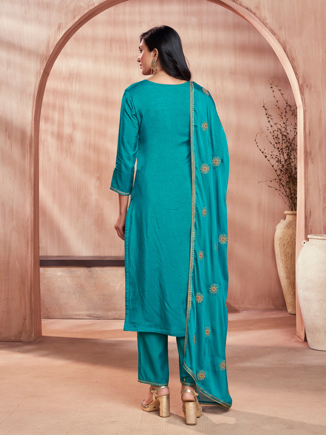 Turquoise Blue Embroidered Silk Kurta Set with Dyed Trousers and Embroidery Dupatta