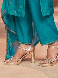 Turquoise Blue Embroidered Silk Kurta Set with Dyed Trousers and Embroidery Dupatta