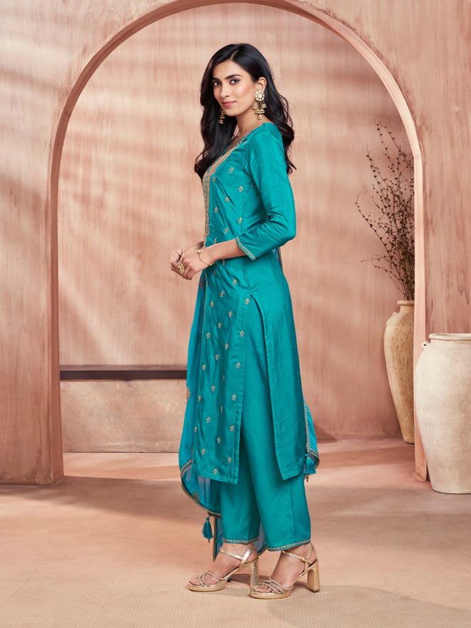 Turquoise Blue Embroidered Silk Kurta Set with Dyed Trousers and Embroidery Dupatta