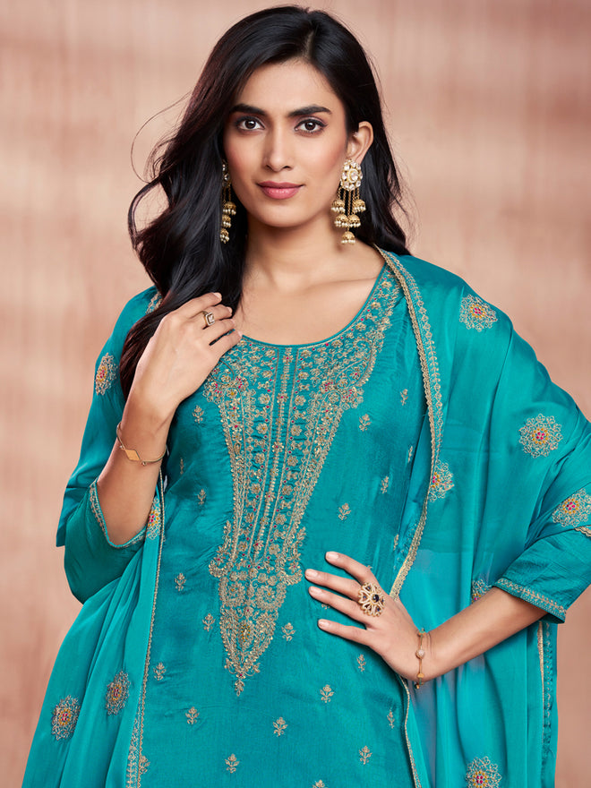 Turquoise Blue Embroidered Silk Kurta Set with Dyed Trousers and Embroidery Dupatta