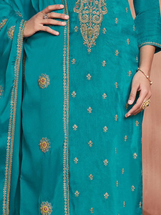 Turquoise Blue Embroidered Silk Kurta Set with Dyed Trousers and Embroidery Dupatta