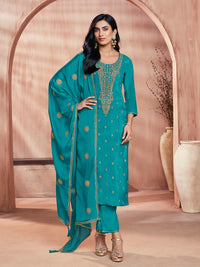 Turquoise Blue Embroidered Silk Kurta Set with Dyed Trousers and Embroidery Dupatta