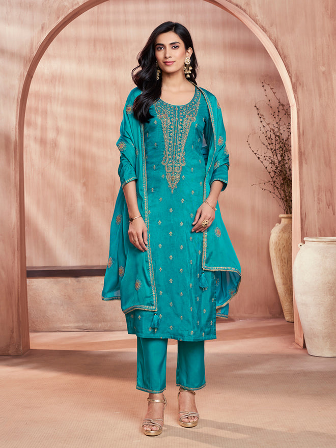 Turquoise Blue Embroidered Silk Kurta Set with Dyed Trousers and Embroidery Dupatta