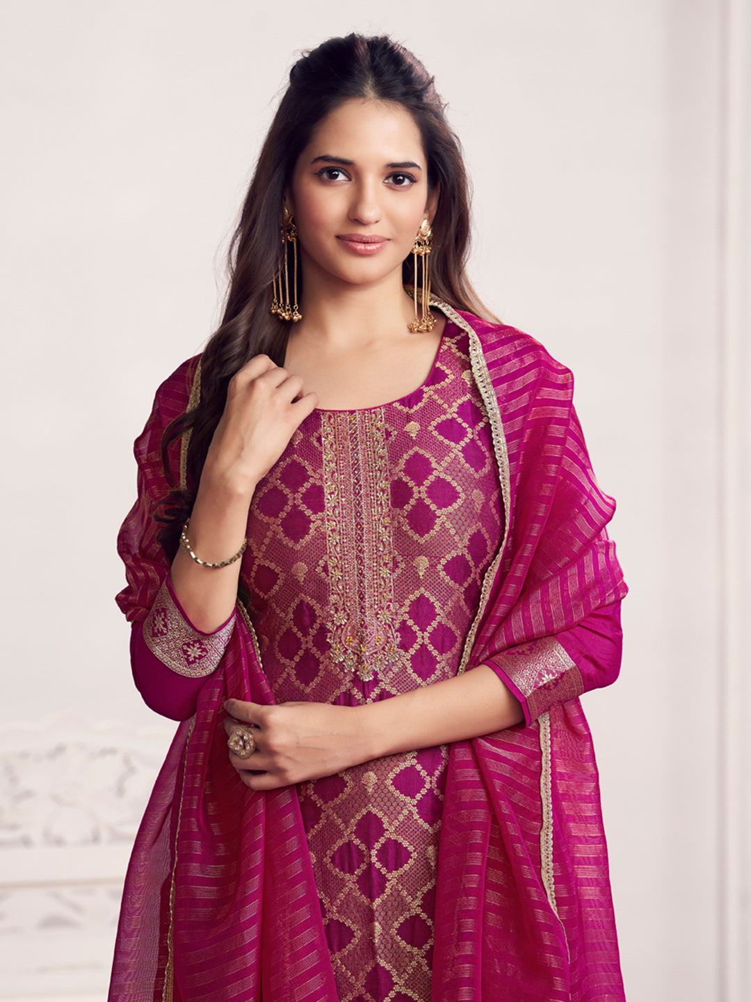 Purple Jacquard Straight Kurta With Dyed Trousers And Jacquard Dupatta