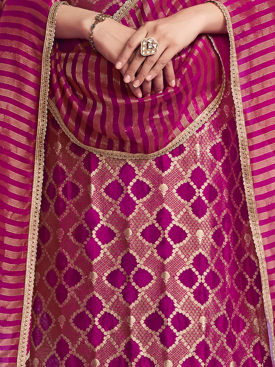 Purple Jacquard Straight Kurta With Dyed Trousers And Jacquard Dupatta