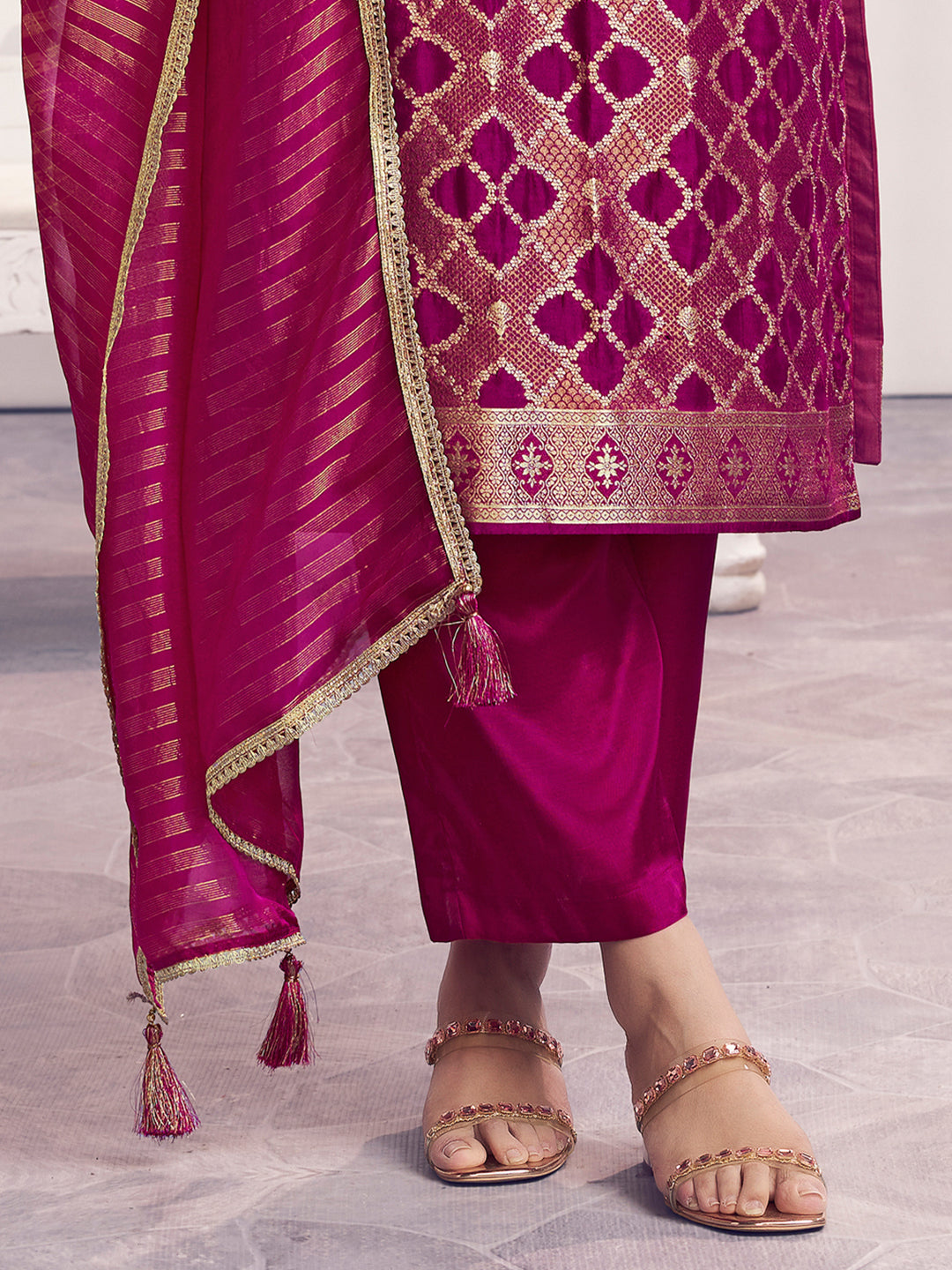 Purple Jacquard Straight Kurta With Dyed Trousers And Jacquard Dupatta
