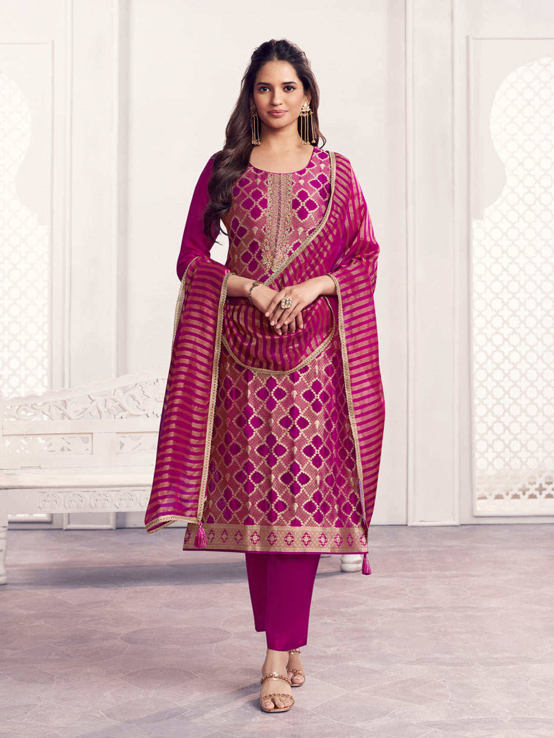 Purple Jacquard Straight Kurta With Dyed Trousers And Jacquard Dupatta