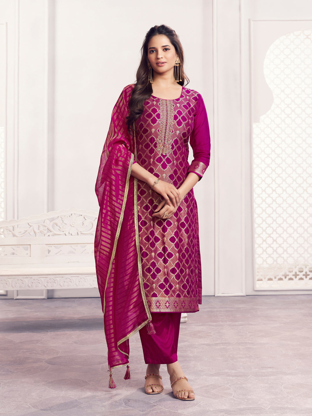 Purple Jacquard Straight Kurta With Dyed Trousers And Jacquard Dupatta