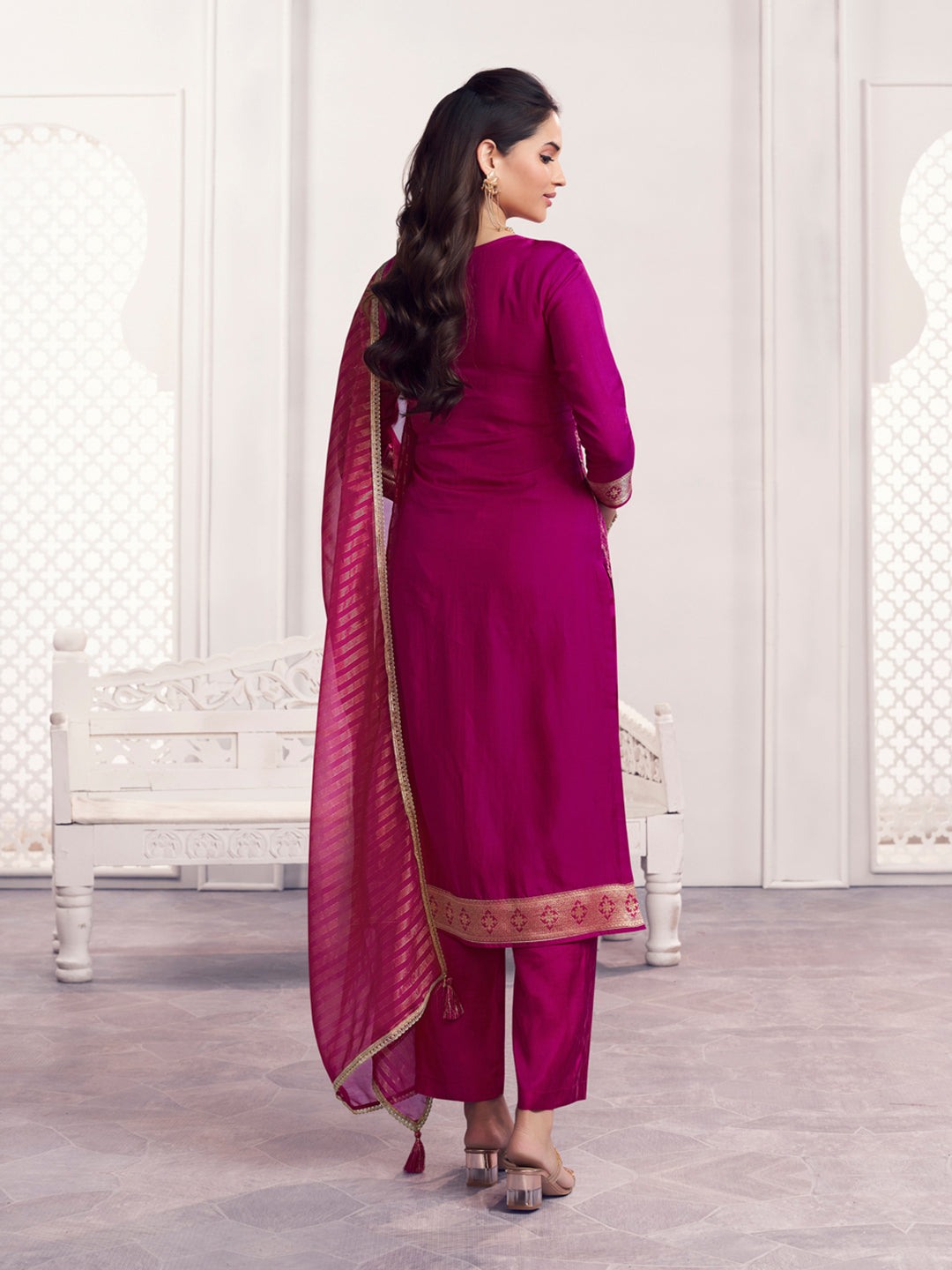 Purple Jacquard Straight Kurta With Dyed Trousers And Jacquard Dupatta