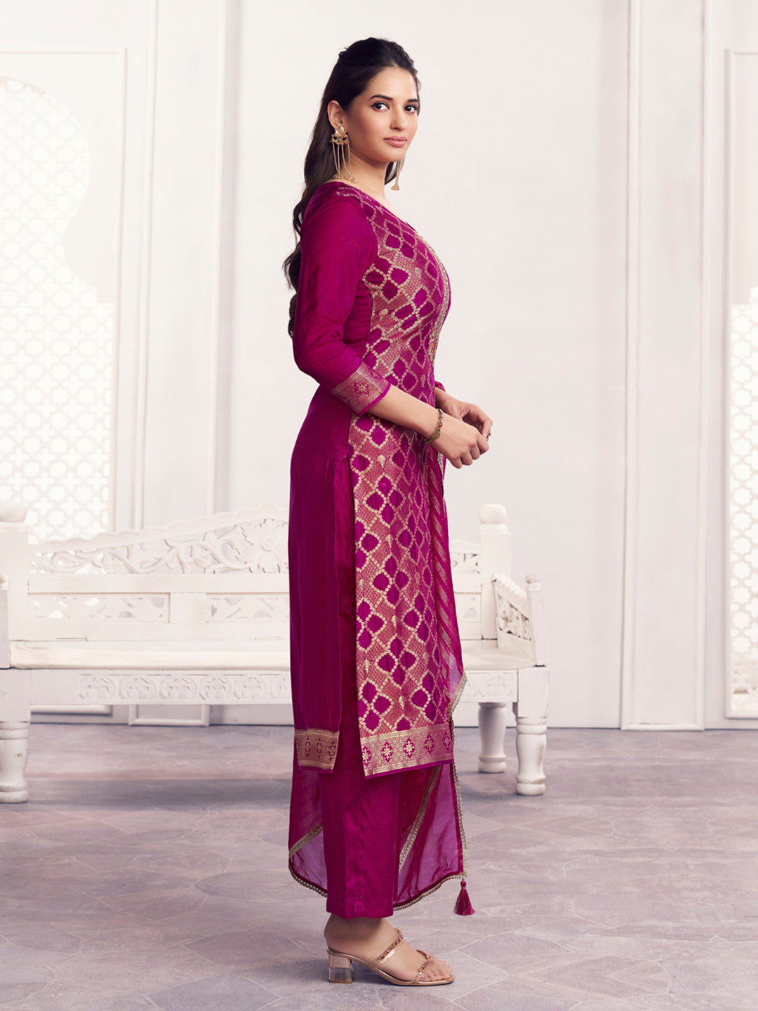 Purple Jacquard Straight Kurta With Dyed Trousers And Jacquard Dupatta