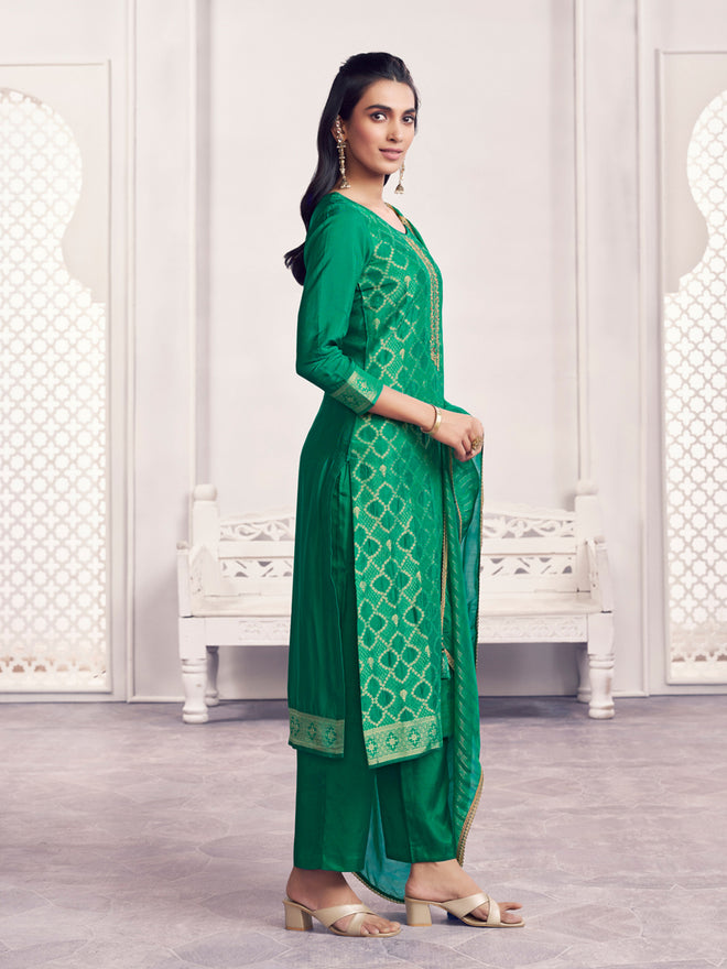 Green Jacquard Straight Kurta With Dyed Trousers And Jacquard Dupatta