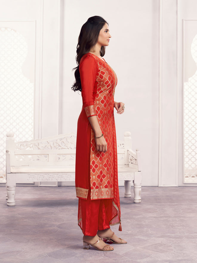 Orange Jacquard Straight Kurta With Dyed Trousers And Jacquard Dupatta
