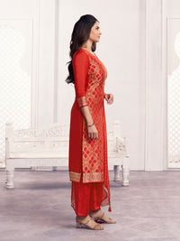 Orange Jacquard Straight Kurta With Dyed Trousers And Jacquard Dupatta