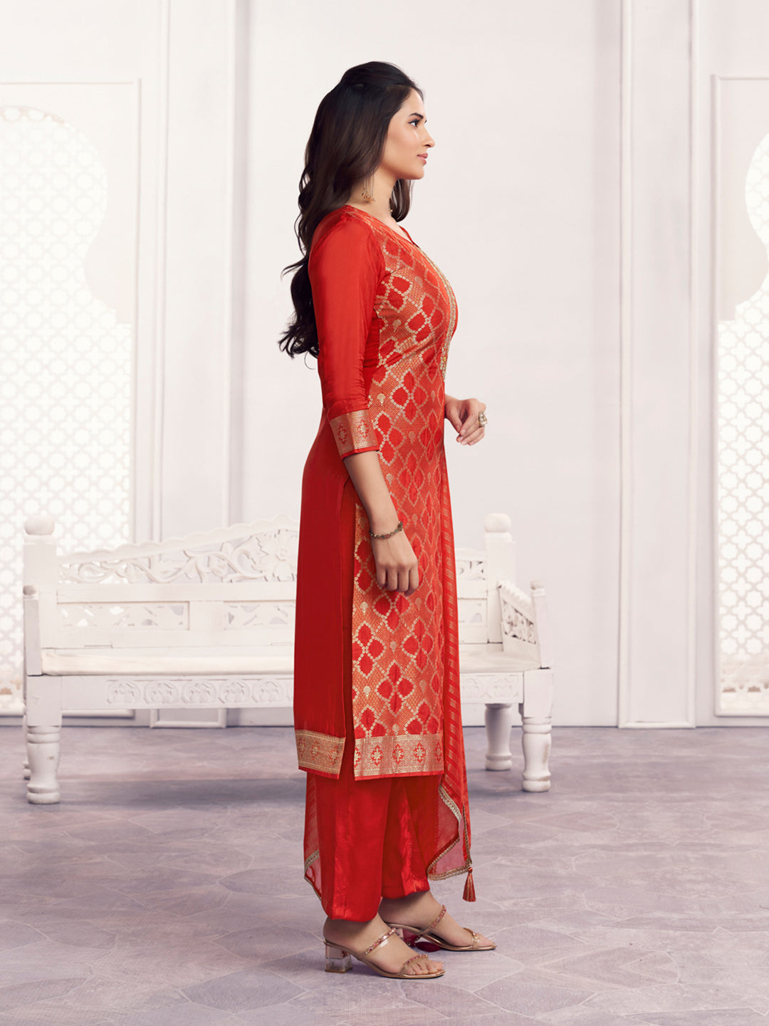 Orange Jacquard Straight Kurta With Dyed Trousers And Jacquard Dupatta