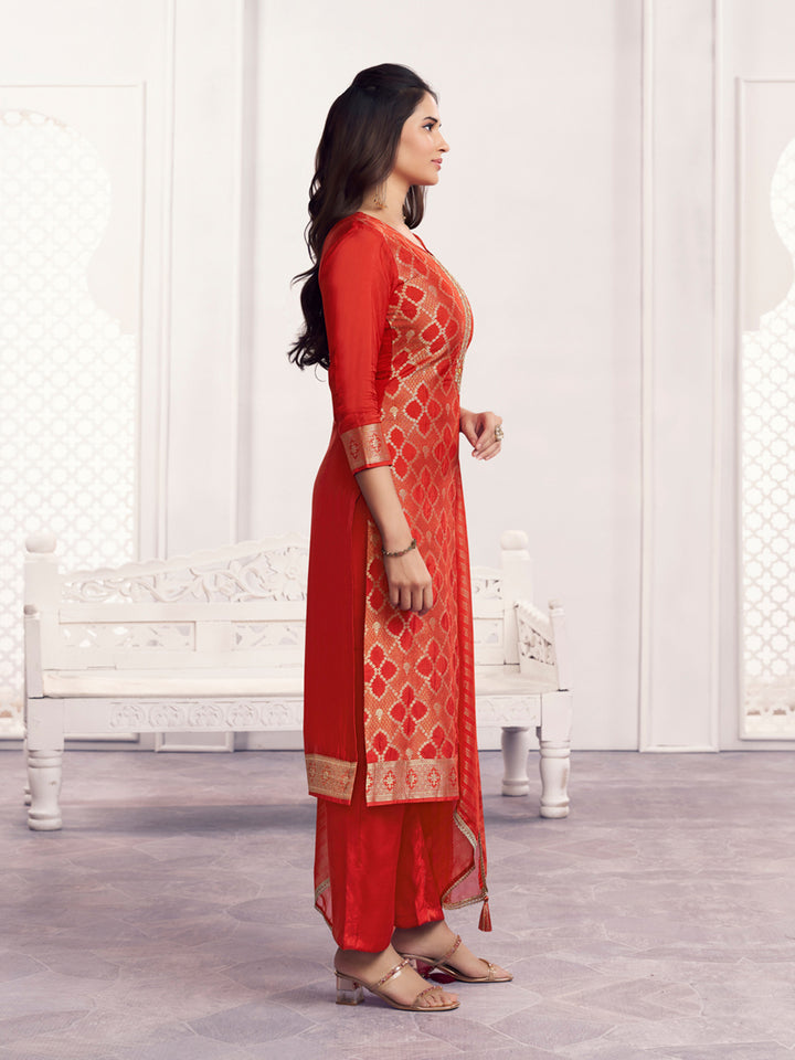 Orange Jacquard Straight Kurta With Dyed Trousers And Jacquard Dupatta