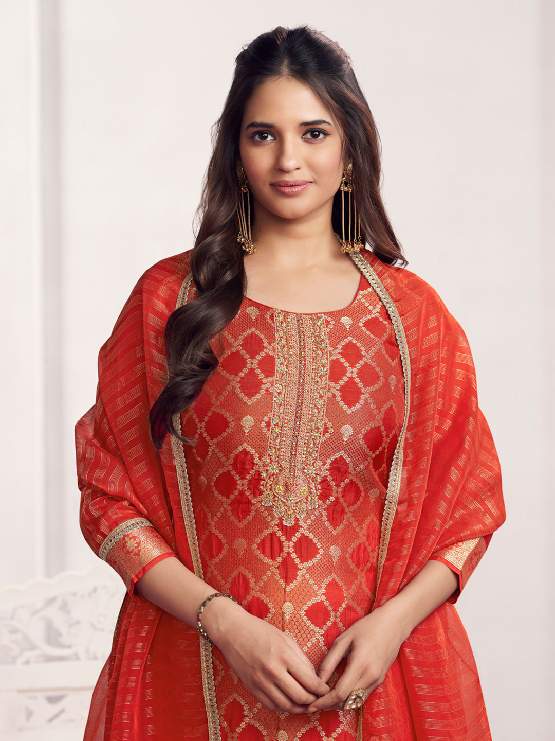 Orange Jacquard Straight Kurta With Dyed Trousers And Jacquard Dupatta