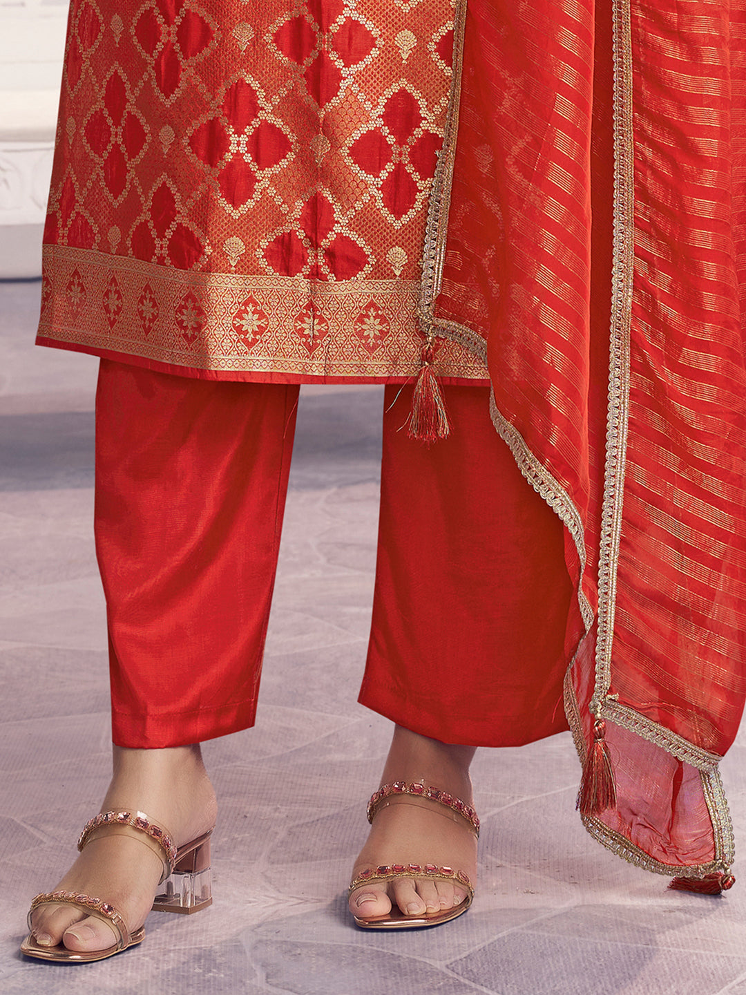 Orange Jacquard Straight Kurta With Dyed Trousers And Jacquard Dupatta