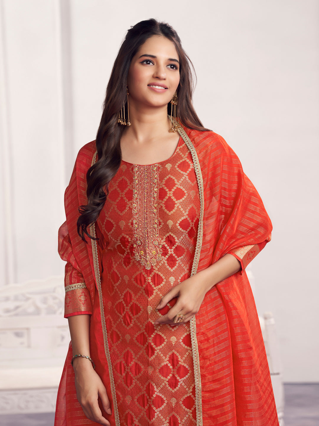 Orange Jacquard Straight Kurta With Dyed Trousers And Jacquard Dupatta