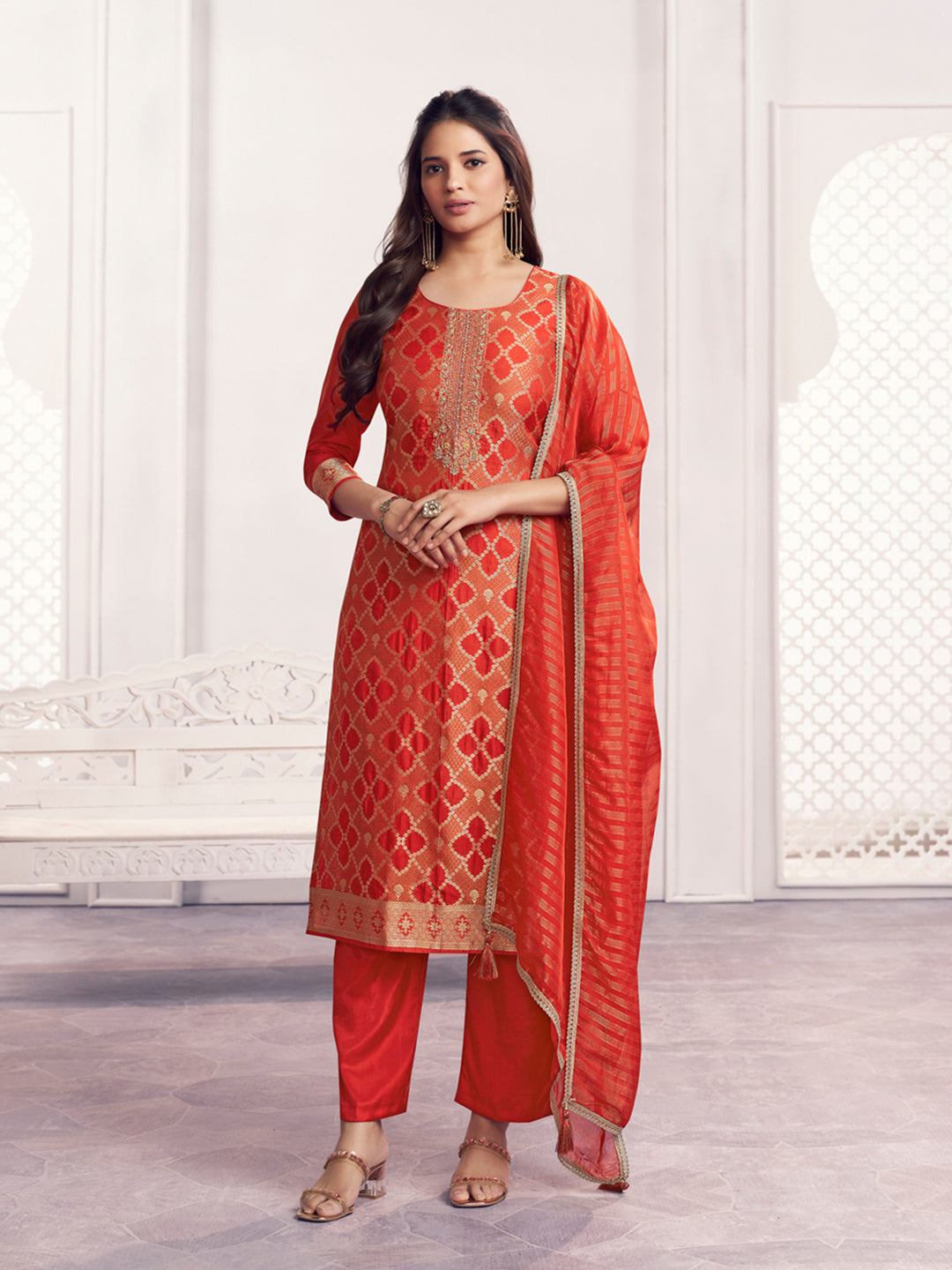 Orange Jacquard Straight Kurta With Dyed Trousers And Jacquard Dupatta