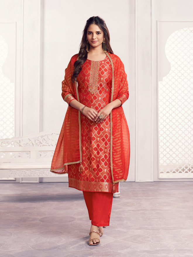 Orange Jacquard Straight Kurta With Dyed Trousers And Jacquard Dupatta