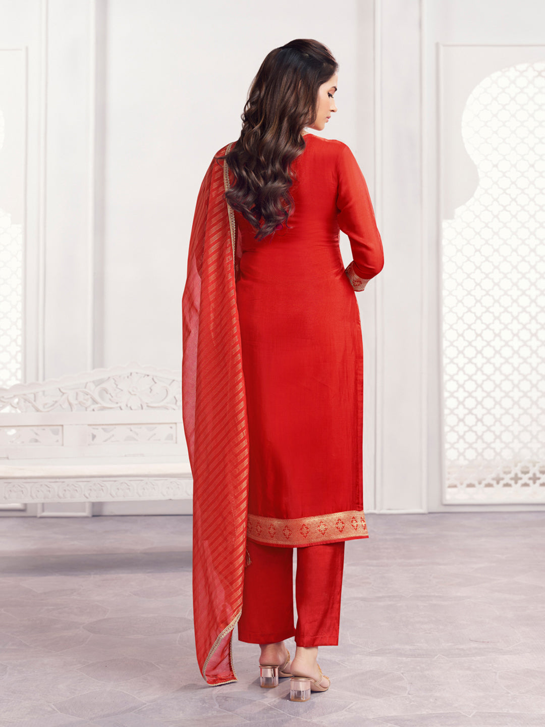 Orange Jacquard Straight Kurta With Dyed Trousers And Jacquard Dupatta