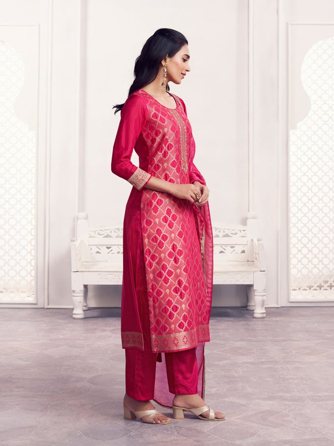 Red Jacquard Straight Kurta With Dyed Trousers And Jacquard Dupatta