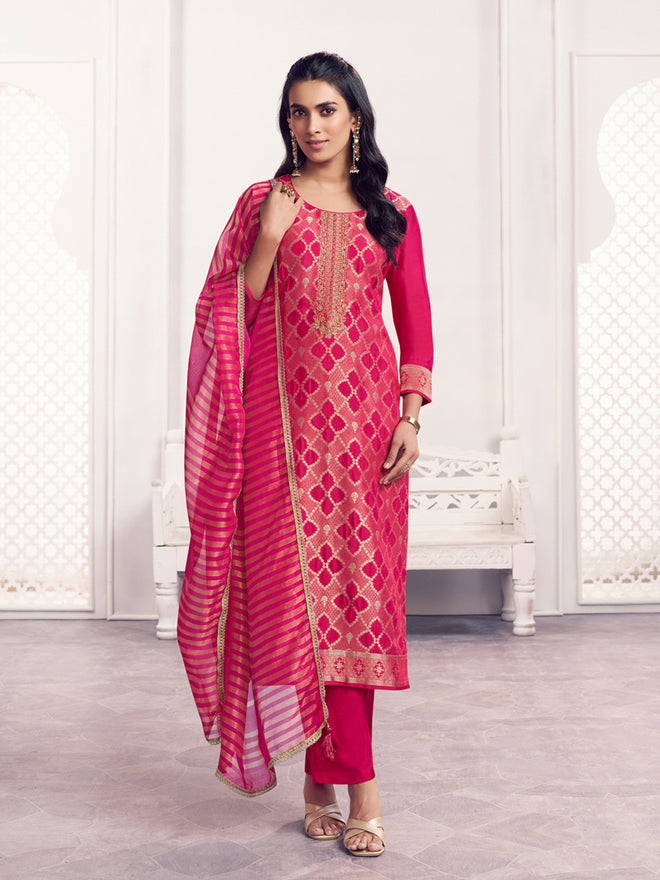 Red Jacquard Straight Kurta With Dyed Trousers And Jacquard Dupatta